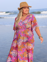 Plus Size Printed V-Neck Half Sleeve Maxi Dress OutfitFlow